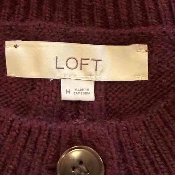 Loft Burgundy Cable Knit Cardigan Sweater Button Front Womens Medium RN140923 - Picture 4 of 6